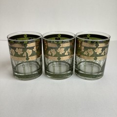Vintage Cera Double Old Fashioned Glasses 3 Gold Green Grapevine Column Cocktail