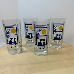 Set of 4 Vtg Cera Kitty Cats Serenade High Ball Cocktail Bar Glasses Moon