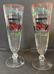 Horseless Carriage ‘Buick Model C’ Pilsner Glass by Libbey Glass 8.5”t Pair
