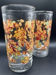 Pair Vintage Libbey Crisa Autumn Fall Leaves Acorns 16oz Glasses