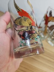 Vintage MCM Red Gold Ringneck Pheasant Tall Barware Glasses Set of 3