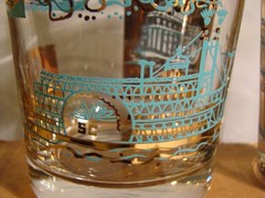 8 Libbey Steamboat Bar Glasses Gold & Blue 3.5 Inches Tall Southern Comfort