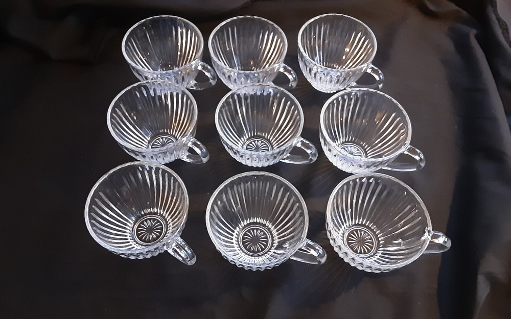 9 Vintage Ribbed Glass Punch Bowl Cups Mid-Century Modern Style