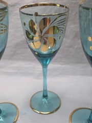 Vintage Romanian Aqua Blue (5) Wine Glasses 22K Gold Gilt Floral Design and Rim