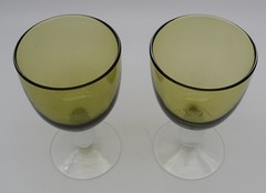 MCM Olive Green Bowl Clear Foot Goblets 5.75 in tall 3.25 in dia Set of 2 #G16
