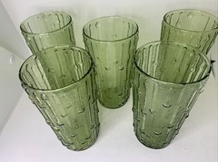 5 Glass Tumblers Set Anchor Hocking Tahiti Bamboo Avocado Green 1960 Drinking