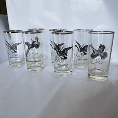 Vintage Clear Glass Highball Glasses Silver Rim Game Birds Waterfowl MCM Tumbler