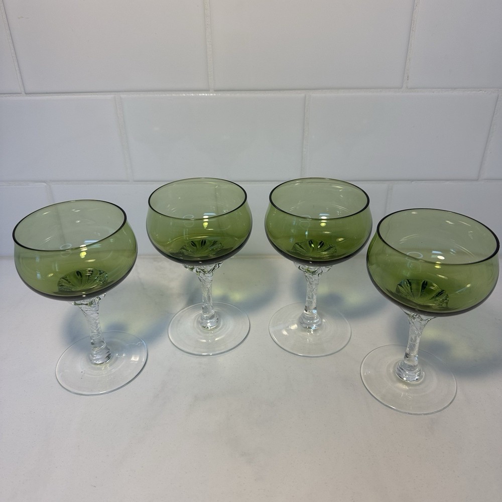 Vintg Sasaki Coronation Hawthorne Jade Green 4 Brandy/Cocktail Glasses 4 oz MCM