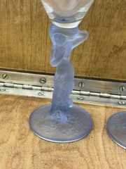 Set (2) Vintage Art Deco Aderia Nude Mermaid Wine Glass 8.25″ Blue Frosted Stem