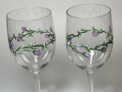 Handpainted Rose Vine Wine Glasses Set of 2 Pink Flowers on Vine