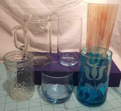 Set Of 6 Vintage Drinking Glasses in Blue, Clear & Gold – Various Sizes & Shapes