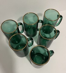 Vintage Libbey Jupiter Green Glass Migs With Gold Trim Set of 6