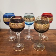 5 Crystal Hock Wine Glasses Gold Overlay Glitter Swirl Blue Purple Red Smoke