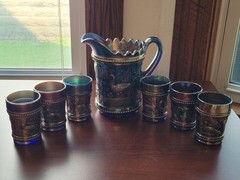 Pretty Blue Dugan Carnival Glass Peacock at the Fountain 7 Piece Water Set