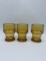 3 Vintage Anchor Hocking Amber Glasses Georgian Honeycomb Honey Gold 5″ t. 11oz.