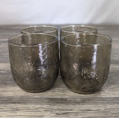 VTG Anchor Hocking Smoke Gray Rocks Glasses Set of 4 Leaf Acorn MCM Tumblers 3″
