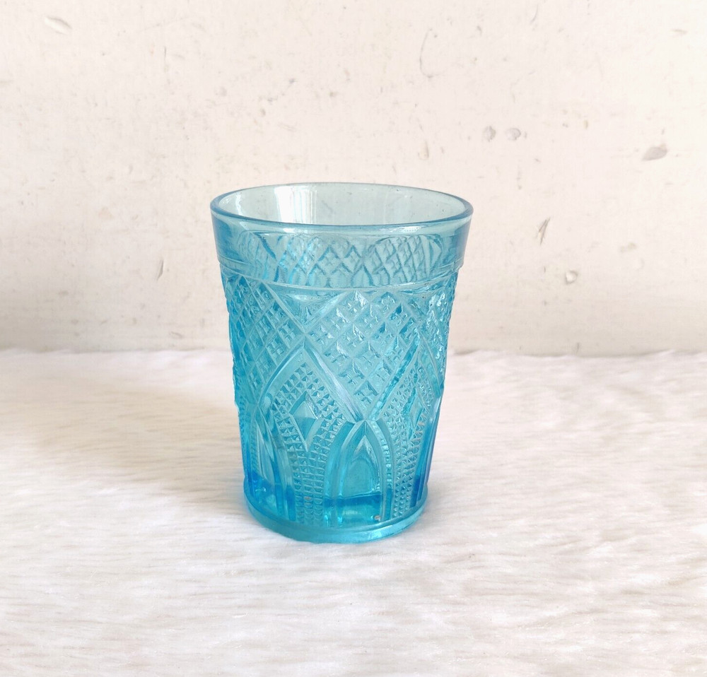 1920s Vintage Unique Design Aqua Blue Glass Tumbler Barware Collectible GT309