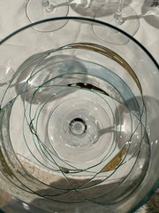 Set of 4 Contemporary Art Glass Wine Goblets. Hand-decorated with applied green
