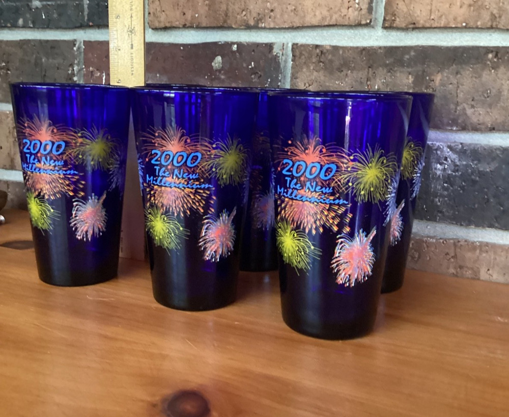 6 Vintage Y2K Libbey 5 7/8” Tumblers Cobalt Blue 2000 The New Millennium Y2K