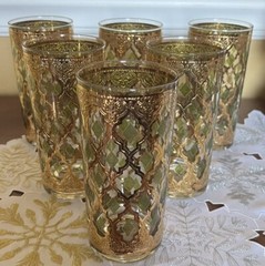 Vintage Culver Valencia 22k Gold Overlay Glass Tumblers Set of 6 w/Green Signed