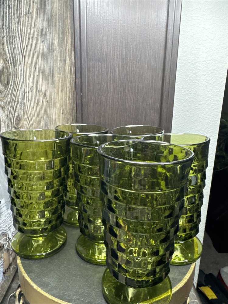 Vintage Indiana Whitehall Colony Cubist Glass Avocado Green Footed. Set Of 6