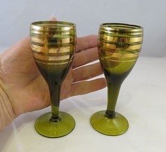 Two Green Tone Sherry Glasses w Gold Trim (789)