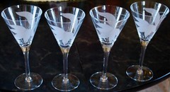 Vintage Set 4 FROSTED SWIRL CUT LEAF Crystal Water Goblets 8 1/8″ Midcentury Mod