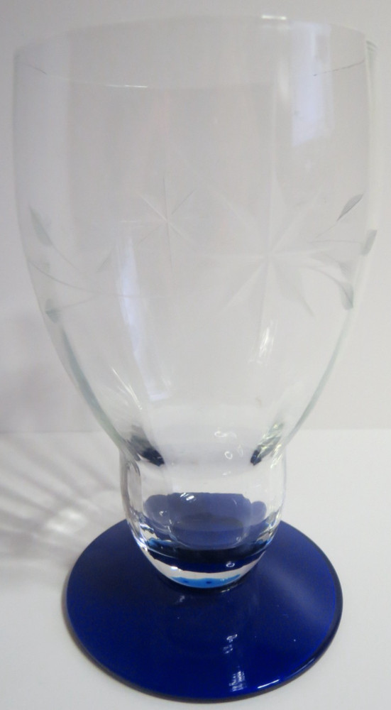 Weston WGL2 Gray Cut Floral Clear Bowl Cobalt Blue Foot Iced Tea Glass Chp