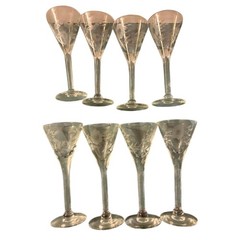 Vintage Cordial Wine Glasses Set of 8 Clear Etched Floral Stemware Aperitif