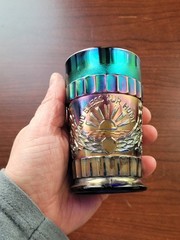 Super Blue Dugan Carnival Glass God & Home Pattern Tumbler