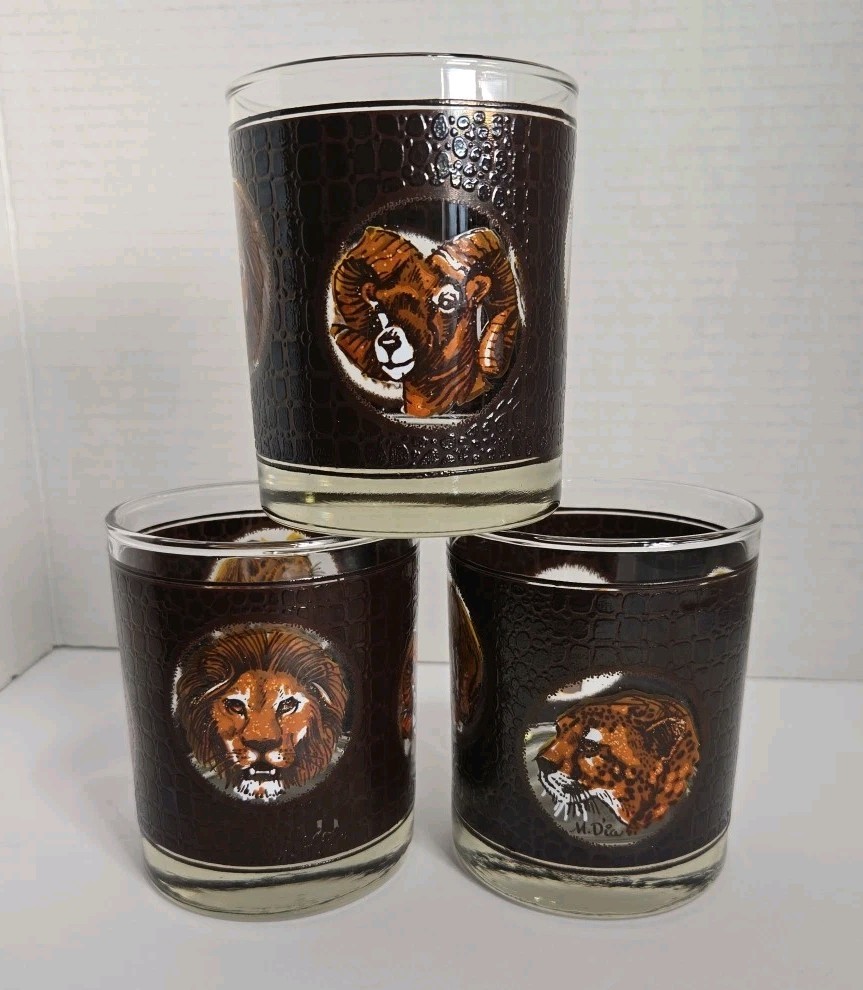 Vintage MCM Libbey African Safari Animal Glasses Set 3 Low Ball Signed M Dia