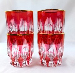 Cranberry Cut to Clear Shot Glasses Set of 4 Gold Gilded Rim Bohemian Vintage