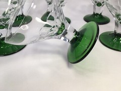 Six MCM Clear Tulip Etched Crystal Bowls W/Green Base Champagne Martini Glasses