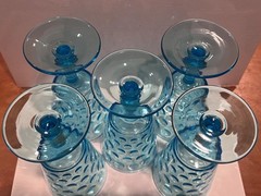 5 6.5in L.G.Wright Quilted Diamond blue water goblets made with uranium glass
