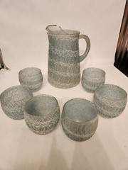 Vintage MCM Spaghetti String Glass Pitcher + 6 Rolly Poly Glasses Drinkware Blue