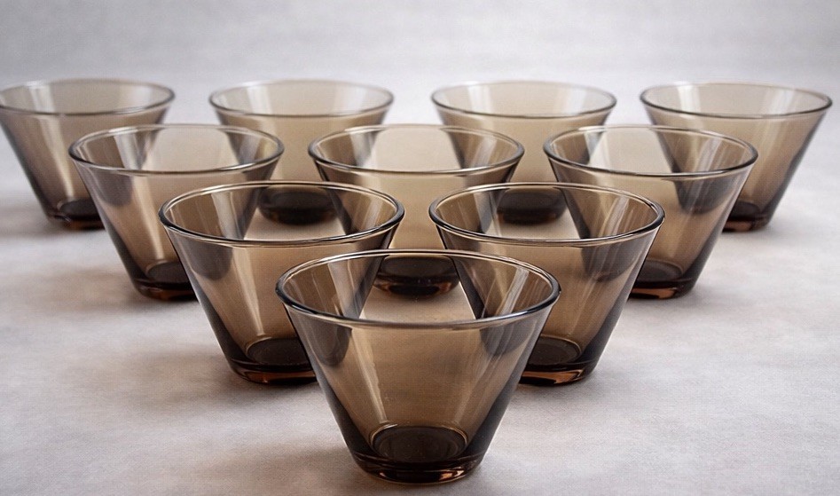 Libbey Tawny Accent Amber Smoke Stemless Glasses 9pc MCM 1970s
