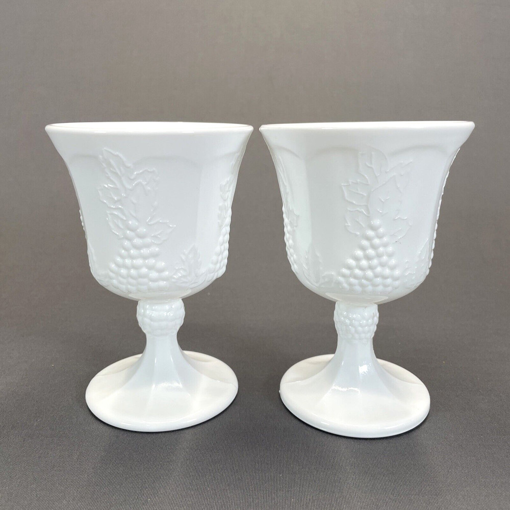 Indiana Colony Harvest Grape Milk Glass Water Goblets 5 1/4″ Set Of 2 Footed