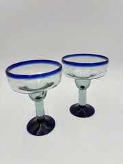 2 Mexican Hand Blown Margarita Glasses Blue Rim Cobalt Cocktail Glassware Bar