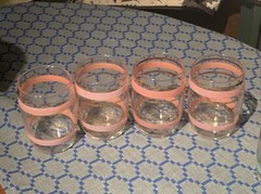 Vintage 13 Piece 3″ Glass Set Gold Green Pink Blue Stripes Clear Lowball Glass