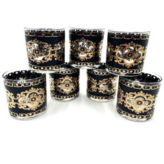 MCM Signed Culver Ebony Baroque 7 Whiskey Glasses Black 22K Gold Scroll 3-1/4″