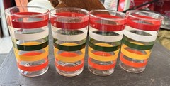 Vtg Hazel Atlas Fiesta Stripe Red White Green Yellow Orange Drinking Glasses