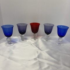 Vintage Clear Ball Stem Hand Blown Glass/Goblet – various colors set of 5