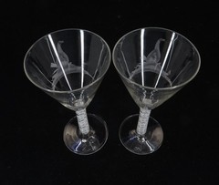 Beautiful Antique Air Twist Stem & Etched Glass Stemware: 2 Wine Glasses 7 7/8″t