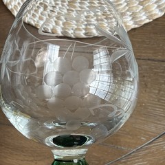 6 Vintage Green Stemmed, Clear Glass Etched Grapes And Leaves 5 Oz Wine Glasses