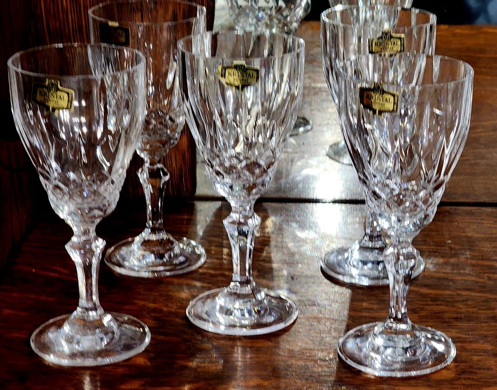 5-New Nobility Kristal Zajecar Cut Glass Panelled Stemmed Wine Glass Yugoslavia