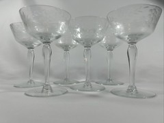 Tiffin Style Vintage Set 6 Etched Floral Coupe Champagne Glasses Stemware 6”
