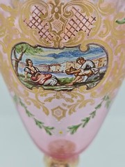 Venetian Enameled Figural Landscape Scene Pink Wine Glass 7 1/4″ #2