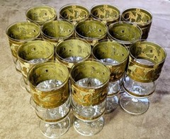 14 Available Cera MCM 6.5″ Stem Glass 22K Gold Gilt Oak Leaf Acorn Barware VTG