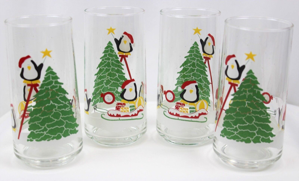 4 Libbey Christmas Tree Penguins Glasses Tumblers Snow Star 15oz Vintage