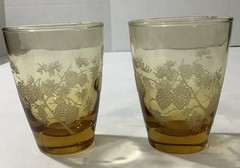 Amber Colored Drinking Glasses Tumblers Acorn Branch Design 3.4” Tall Lot Of 2